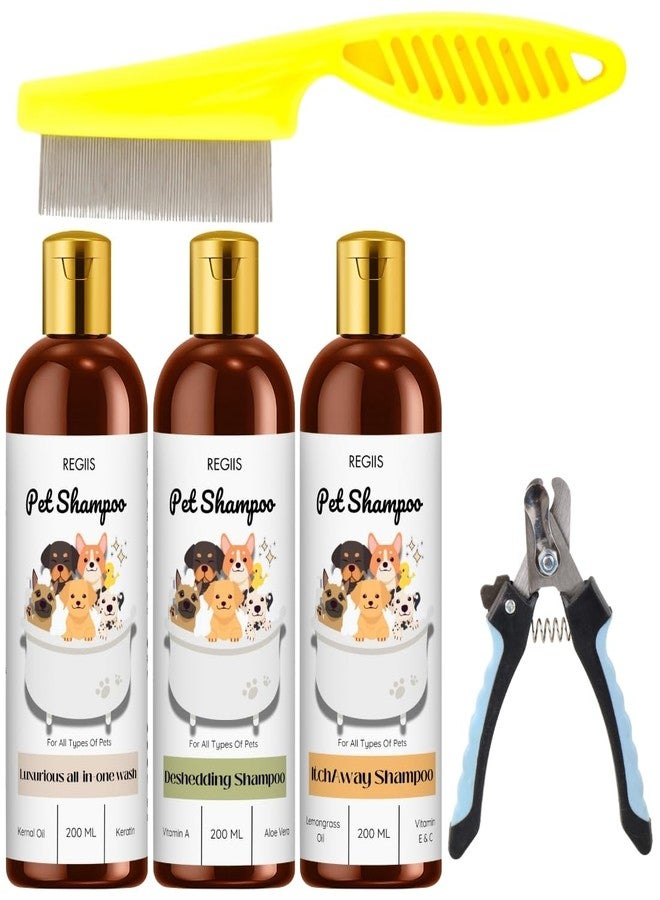 مجموعة شامبو الحيوانات الأليفة من ريجيس مع مشط للبراغيث ومقص أظافر، مجموعة العناية بالكلاب، غسيل شامل، إزالة الشعر الزائد، تخفيف الحكة، 3 زجاجات سعة 200 مل لكل منها (عبوة من 5 زجاجات) - Image 1